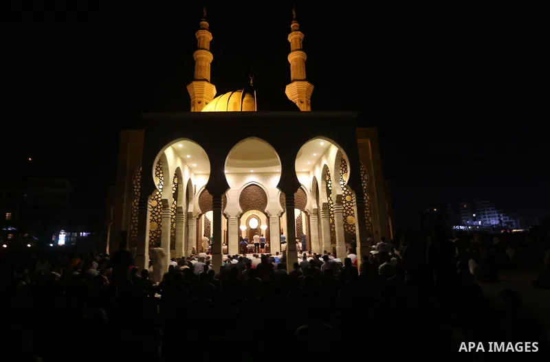 Palestinian Muslim worshipers perform "Taraweeh", nightly prayer of the month of Ramadan, at El Khalidi mosque, in Gaza city, on May 27, 2017. Ramadan is sacred to Muslims because it is during that month that tradition s...