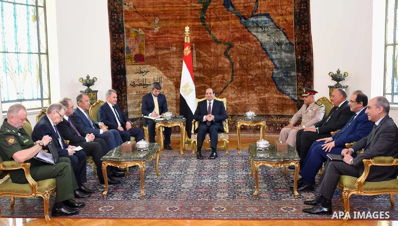 Egyptian President Abdel Fattah al-Sisi meets with Russian Defense Minister Sergei Shoigu and Foreign Minister Sergei Lavrov, in Cairo, Egypt, on May 29, 2017. Photo by Egyptian President Office