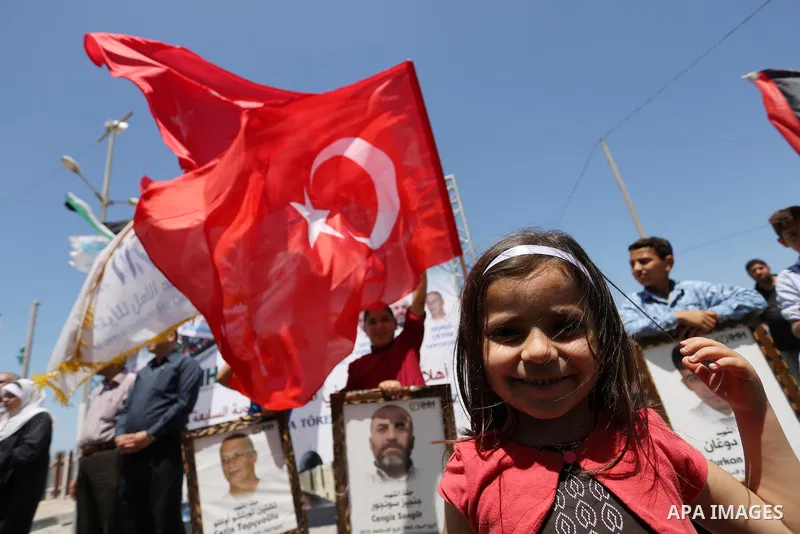 Palestinian children take part during a rally to mark the 7th anniversary of the Mavi Marmara Gaza flotilla incident, at the seaport of Gaza City May 31, 2017. Nine activists, eight Turkish and one Turkish-American, died...