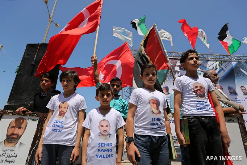 Palestinian children take part during a rally to mark the 7th anniversary of the Mavi Marmara Gaza flotilla incident, at the seaport of Gaza City May 31, 2017. Nine activists, eight Turkish and one Turkish-American, died...