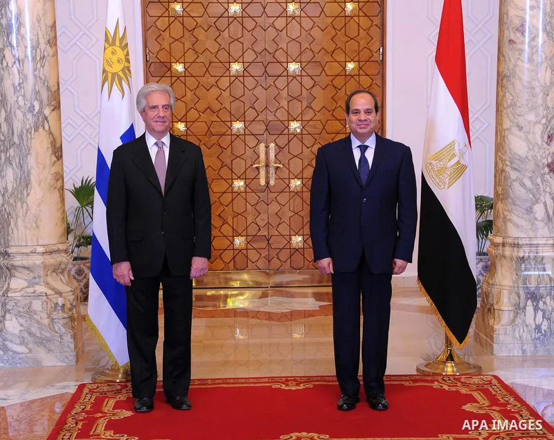 Egyptian President Abdel Fattah al-Sisi and Uruguay's President Tabare pose for a photo before their meeting in Cairo, Egypt, on May 31, 2017. Photo by Egyptian President Office