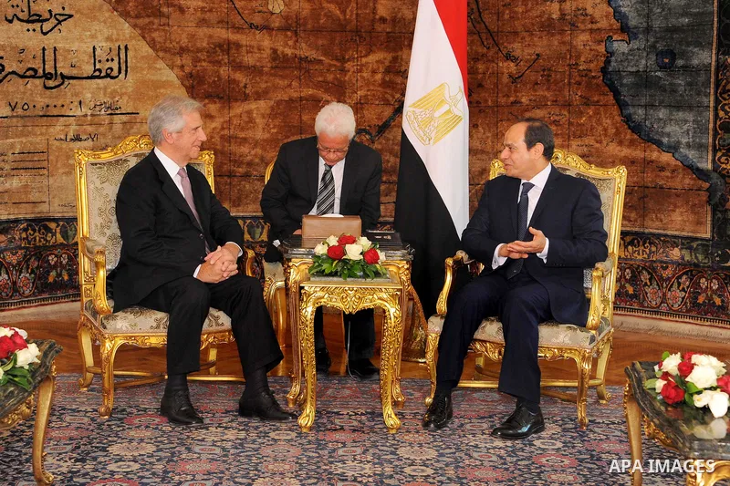 Egyptian President Abdel Fattah al-Sisi meets with Uruguay's President Tabare Vazquez, in Cairo, Egypt, on May 31, 2017. Photo by Egyptian President Office