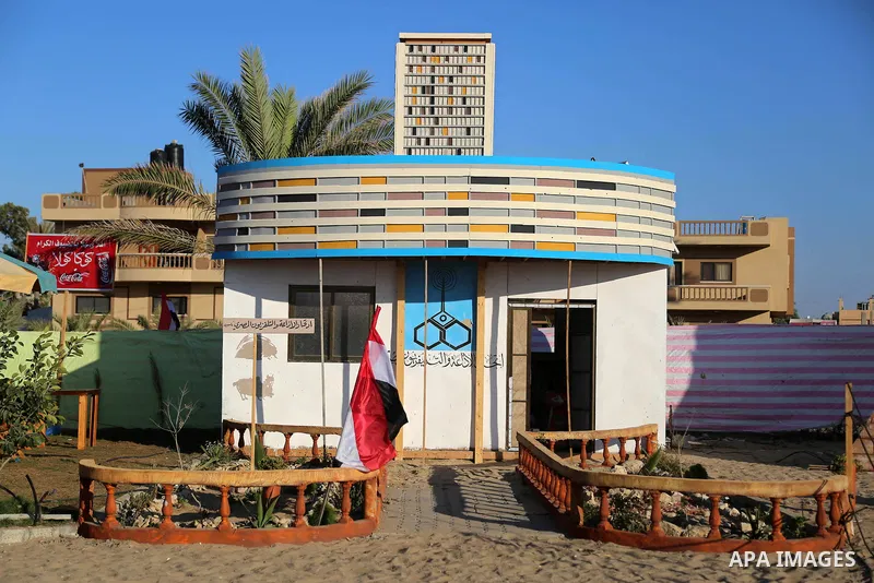 A Picture shows a wooden a wooden sculpture of Cairo's landmark Radio and Television building at a technical site in the southern Gaza Strip town of Rafah, near the border with Egypt, on June 1, 2017. Young artists Pales...