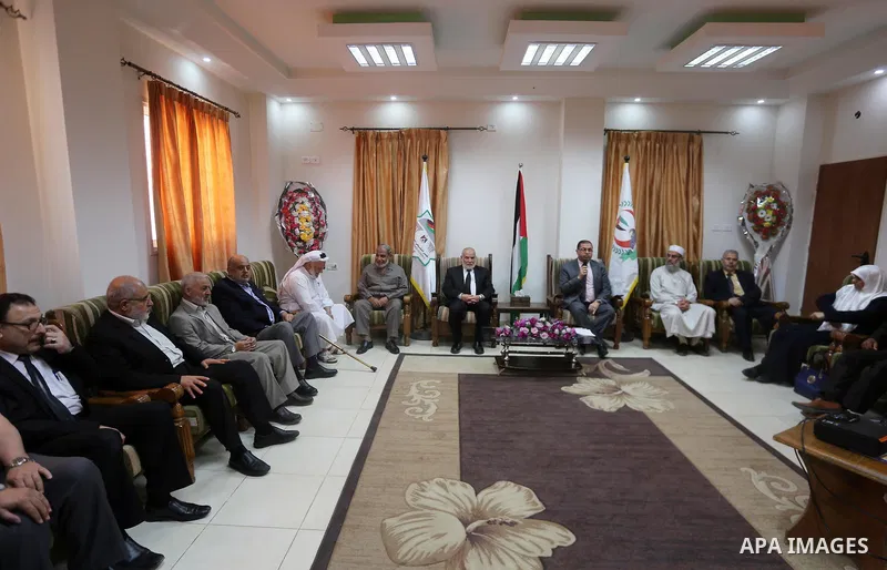 Members of the Palestinian legislative council from Hamas movement attend a meeting to donate their salary for this month to for cancer and kidneys patients, at al-Shifa hospital, in Gaza city on June 01, 2017. Photo by...