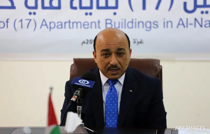 Palestinian Minister of public works and housing, Mofeed al-Hasayna attends the signing the Italian grant projects contracts, in Gaza city on June 01, 2017. Photo by Mohammed Asad