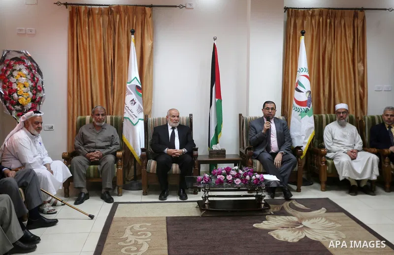 Members of the Palestinian legislative council from Hamas movement attend a meeting to donate their salary for this month to for cancer and kidneys patients, at al-Shifa hospital, in Gaza city on June 01, 2017. Photo by...