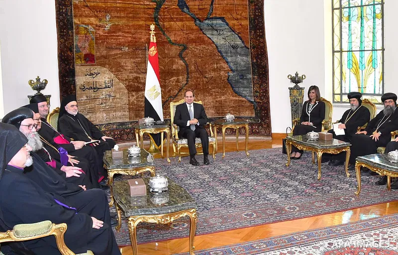 Egyptian President Abdel Fattah al-Sisi meets with a delegation from the Council of Bishops and representatives of the Eastern Apostolic Churches of Australia and New Zealand, in Cairo Egypt, on June 1, 2017. Photo by Eg...