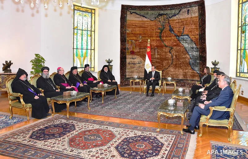Egyptian President Abdel Fattah al-Sisi meets with a delegation from the Council of Bishops and representatives of the Eastern Apostolic Churches of Australia and New Zealand, in Cairo Egypt, on June 1, 2017. Photo by Eg...