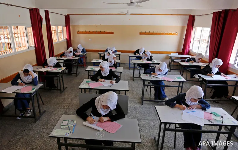 Palestinian female students sit for their final high school exams, known as "Tawjihi" in Gaza city on June 03, 2017. More than 72,000 students in the West Bank and Gaza Strip start Saturday their Tawjihi exam that qualif...