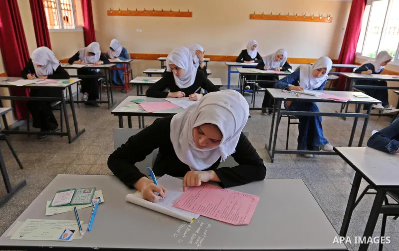 Palestinian female students sit for their final high school exams, known as "Tawjihi" in Gaza city on June 03, 2017. More than 72,000 students in the West Bank and Gaza Strip start Saturday their Tawjihi exam that qualif...