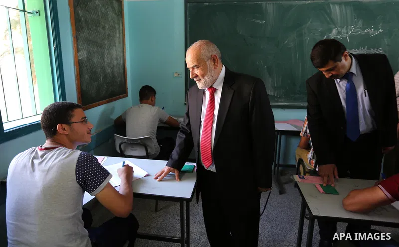 Deputy of the Legislative Council, Ahmed Bahar, visits a school during the first day of high school exams, known as "Tawjihi", in Gaza city on June 03, 2017. More than 72,000 students in the West Bank and Gaza Strip star...