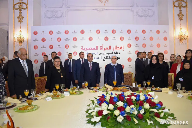 Egyptian President Abdel Fattah al-Sisi takes part in Iftar meal during a ceremony of women's year on the Muslim holy fasting month of Ramadan in Cairo, Egypt, on June 03, 2017. Ramadan is sacred to Muslims because it is...
