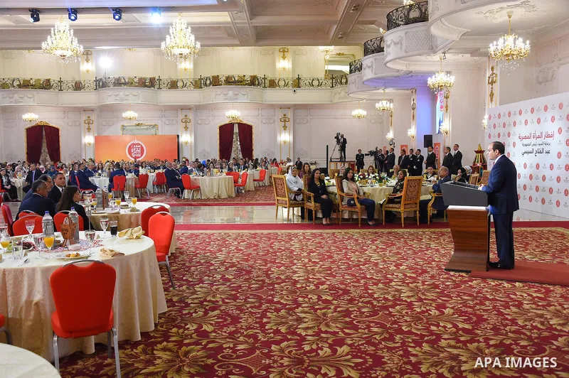 Egyptian President Abdel Fattah al-Sisi speaks during Iftar meal during a ceremony of women's year on the Muslim holy fasting month of Ramadan in Cairo, Egypt, on June 03, 2017. Ramadan is sacred to Muslims because it is...