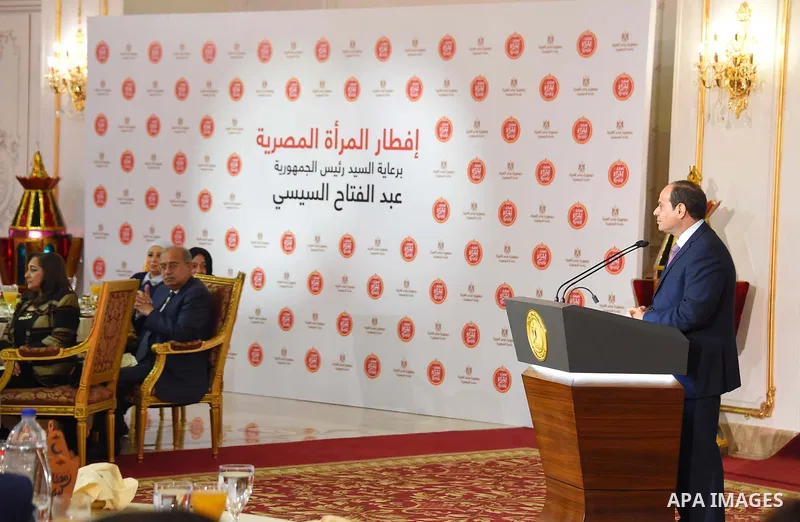 Egyptian President Abdel Fattah al-Sisi speaks during Iftar meal during a ceremony of women's year on the Muslim holy fasting month of Ramadan in Cairo, Egypt, on June 03, 2017. Ramadan is sacred to Muslims because it is...