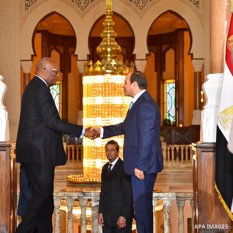 Egyptian President Abdel Fattah al-Sisi shakes hands with President of Burkina Faso, Roch Marc Christian Kabore in Cairo, Egypt, on June 07, 2017. Photo by Egyptian President Office