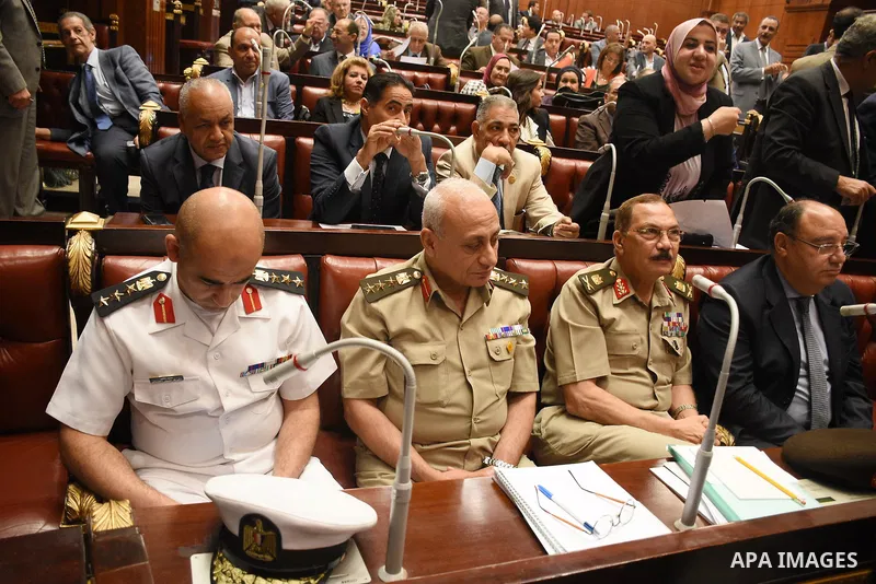Members of legislative committee in Egypt's parliament attend a meeting to discuss a government agreement to hand over two Red Sea islands Tiran and Sanafir to Saudi Arabia, in Cairo, Egypt, on June 12, 2017. Photo by St...