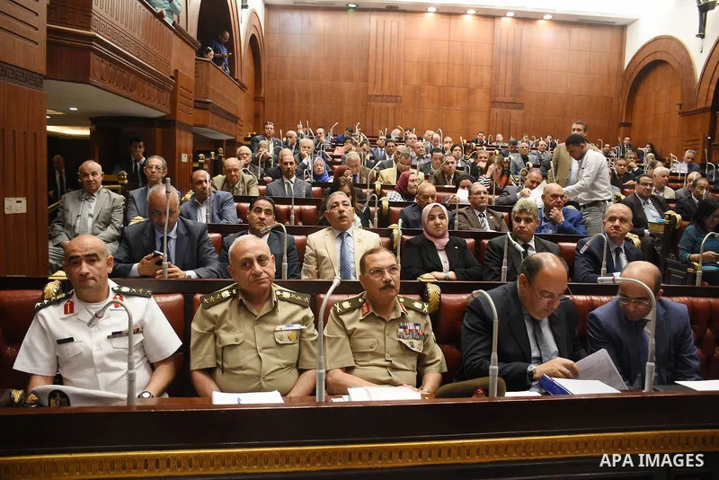 Members of legislative committee in Egypt's parliament attend a meeting to discuss a government agreement to hand over two Red Sea islands Tiran and Sanafir to Saudi Arabia, in Cairo, Egypt, on June 12, 2017. Photo by St...