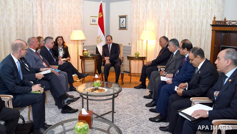 Egyptian President Abdel Fattah el-Sisi (C) meets with German Minister for Economics and Energy Brigitte Zypries (4th L) in Berlin on June 12, 2017. Photo by Egyptian President Office