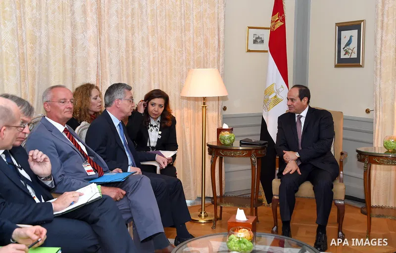 Egyptian President Abdel Fattah el-Sisi (C) meets with German Minister for Economics and Energy Brigitte Zypries (4th L) in Berlin on June 12, 2017. Photo by Egyptian President Office