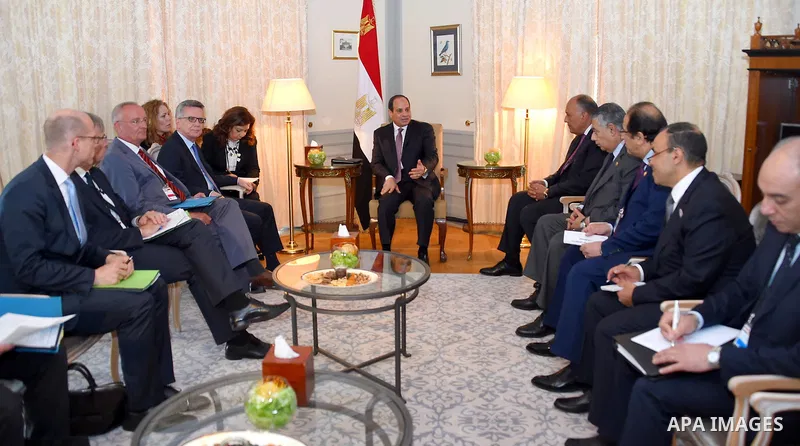 Egyptian President Abdel Fattah el-Sisi (C) meets with German Minister for Economics and Energy Brigitte Zypries (4th L) in Berlin on June 12, 2017. Photo by Egyptian President Office