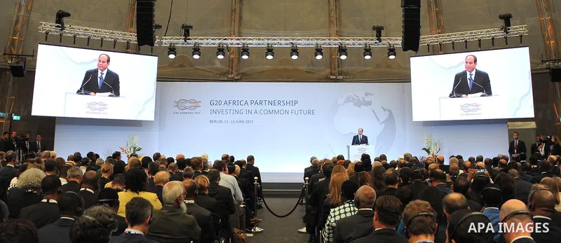 Egyptian President Abdel Fattah al-Sisi speaks at the G20 Africa partnership conference in Berlin on June 12, 2017. Photo by Egyptian President Office