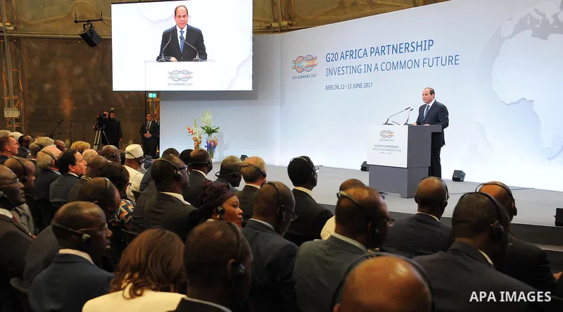 Egyptian President Abdel Fattah al-Sisi speaks at the G20 Africa partnership conference in Berlin on June 12, 2017. Photo by Egyptian President Office