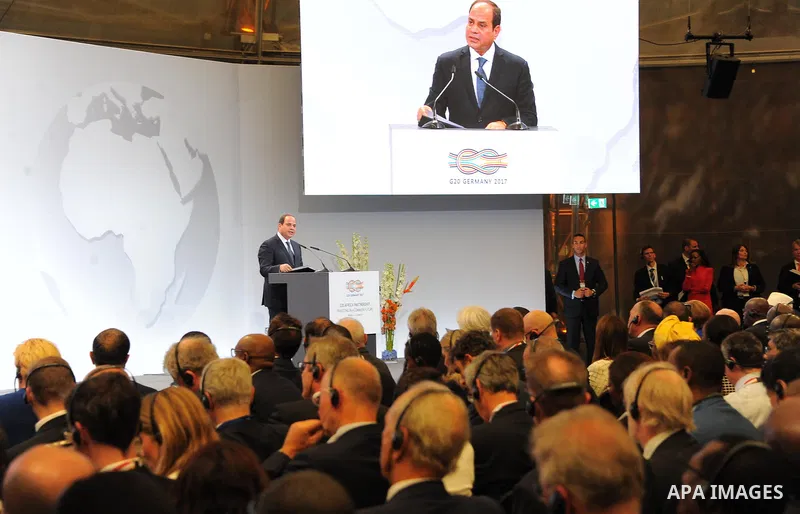 Egyptian President Abdel Fattah al-Sisi speaks at the G20 Africa partnership conference in Berlin on June 12, 2017. Photo by Egyptian President Office
