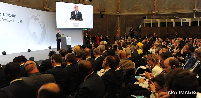 Egyptian President Abdel Fattah al-Sisi speaks at the G20 Africa partnership conference in Berlin on June 12, 2017. Photo by Egyptian President Office