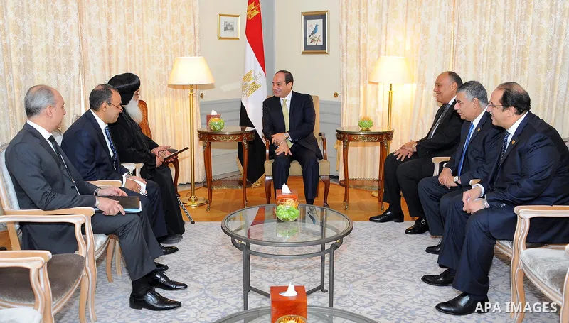 Egyptian President Abdel Fattah al-Sisi meets with Leader of the Coptic Orthodox church in Germany, Bishop Anba Damian in Berlin on June 13, 2017. Photo by Egyptian President Office