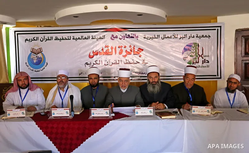 Preacher of Al-Aqsa Mosque, Sheikh Yusuf Juma Salameh attends the ceremony of Conservation of the holy Koran competition "Jerusalem Prize", in Gaza city on June 15, 2017. Photo by Ashraf Amra