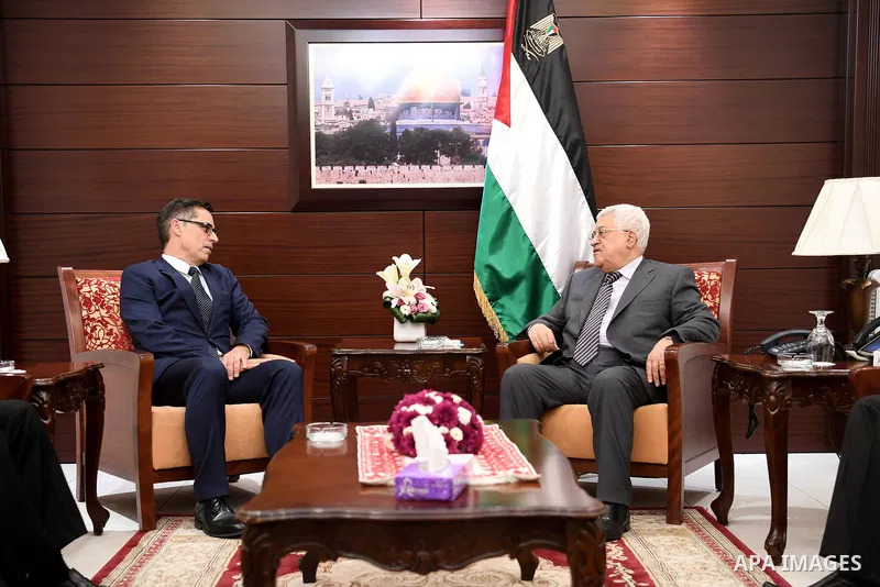 Palestinian President Mahmoud Abbas meets with Swiss Ambassador Paul Garnier, in the West Bank city of Ramallah on June 15, 2017. Photo by Osama Falah