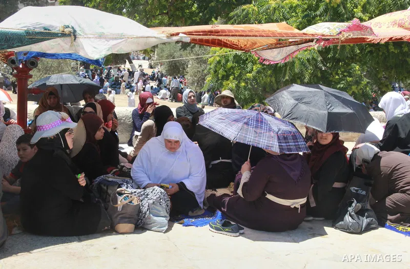 Palestinian Muslim worshippers attend the third Friday prayers of the Muslim holy month of Ramadan at Jerusalem's al-Aqsa mosque compound on June 16, 2017. Photo by Mahfouz Abu Turk
