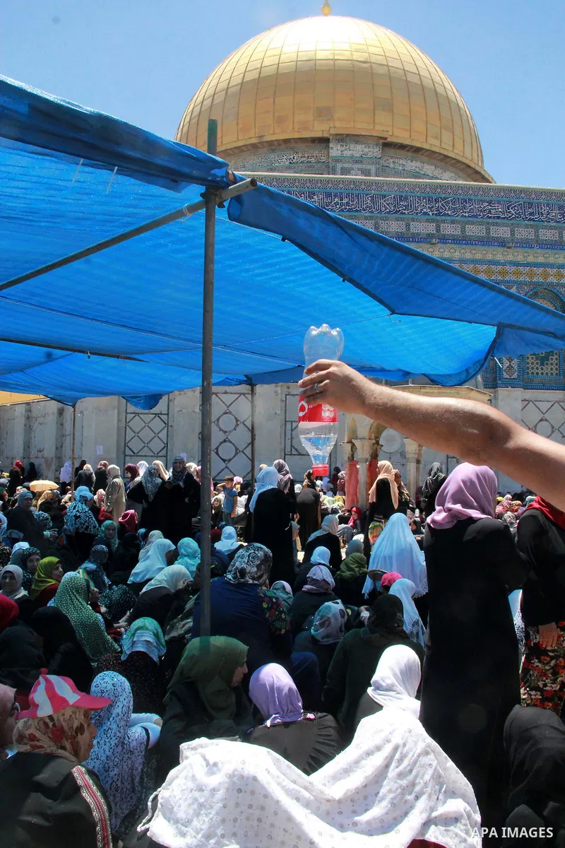 Palestinian Muslim worshippers attend the third Friday prayers of the Muslim holy month of Ramadan at Jerusalem's al-Aqsa mosque compound on June 16, 2017. Photo by Mahfouz Abu Turk