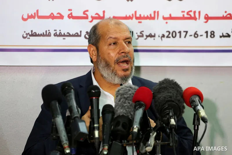 Senior Hamas leader Khalil al-Hayah speaks during a press conference in Gaza city on June 18, 2017. Photo by Mohammed Asad