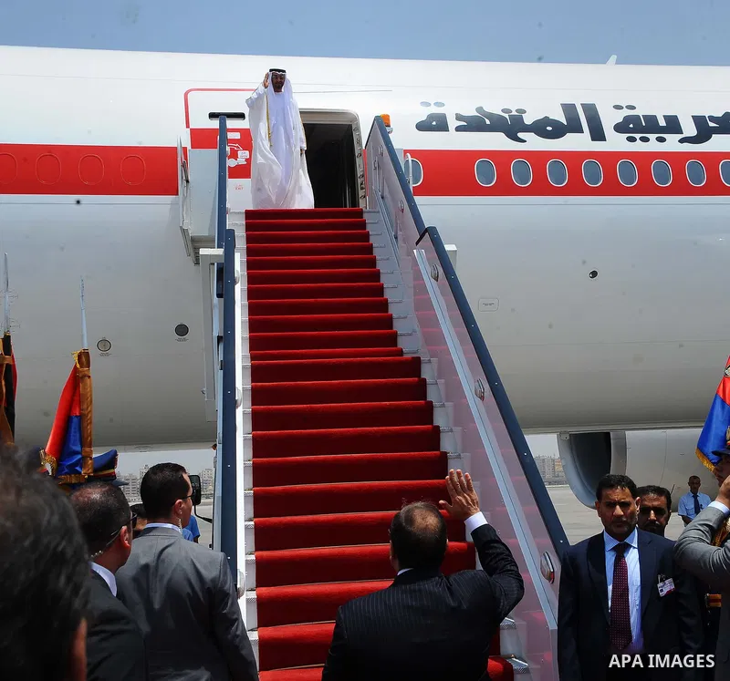 Egyptian President Abdel Fattah Sisi bids farewell to bu Dhabi Crown Prince Sheikh Mohammed bin Zayed al-Nahyan at Cairo International Airport in Cairo on June 20, 2017. Photo by Egyptian President Office