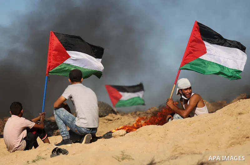 Palestinian protesters wave the national flag during clashes with Israeli security forces near the border between Israel and Central Gaza Strip of Bureij on June 23, 2017. Photo by Ashraf Amra