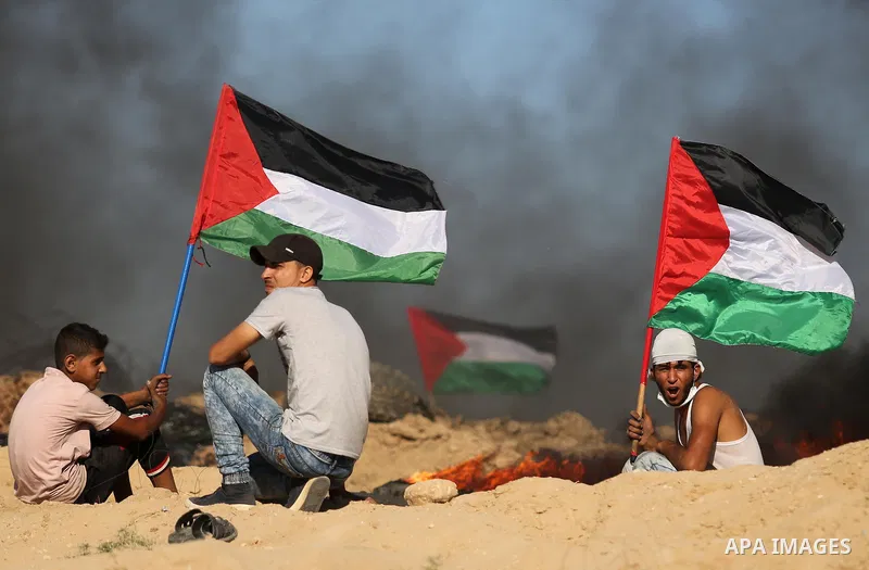 Palestinian protesters wave the national flag during clashes with Israeli security forces near the border between Israel and Central Gaza Strip of Bureij on June 23, 2017. Photo by Ashraf Amra