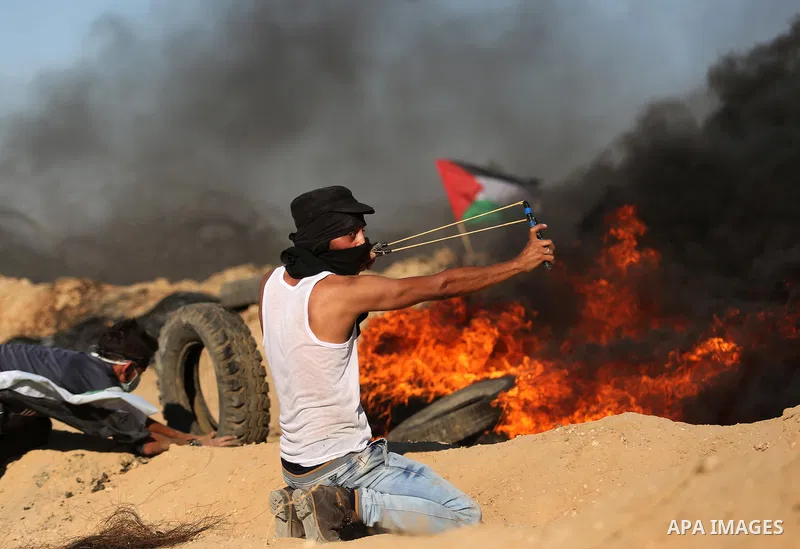 Palestinian protesters wave the national flag during clashes with Israeli security forces near the border between Israel and Central Gaza Strip of Bureij on June 23, 2017. Photo by Ashraf Amra