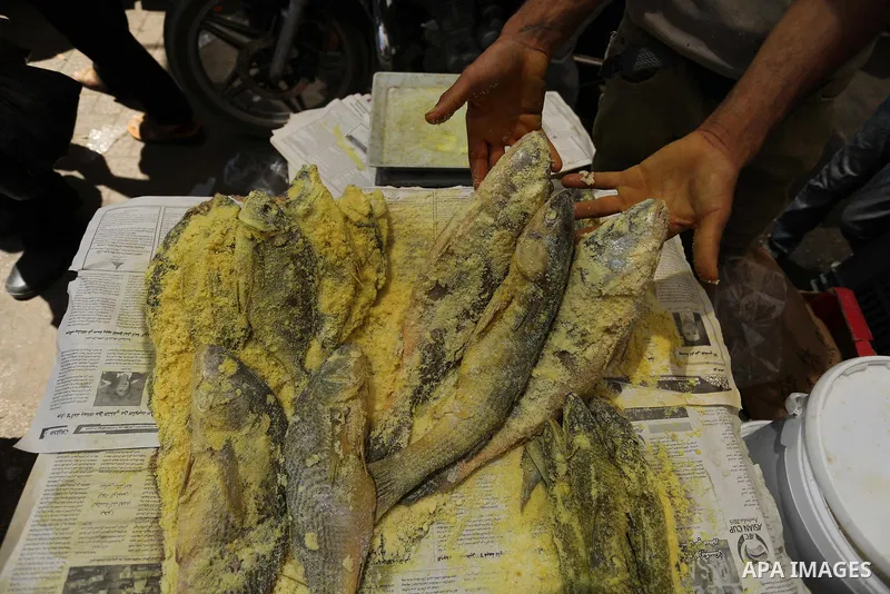 A Palestinian vendor sells salted fish at a market ahead of Eid al-Fitr holiday, in Gaza city on June 24, 2017. Eid al-Fitr marks the end of Muslim's holy fasting month of Ramadan when faithfuls abstain from eating, drin...