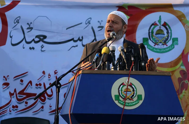 Senior Hamas leader Khalil al-Hayah speaks during Eid al-Fitr prayers in Gaza City June 25, 2017. Eid al-Fitr marks the end of Muslim's holy fasting month of Ramadan when faithfuls abstain from eating, drinking, smoking...