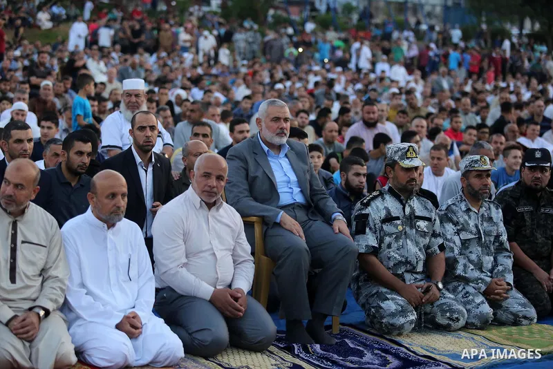 Hamas Chief Ismail Haniyeh attends Eid al-Fitr prayers in Gaza City June 25, 2017. Eid al-Fitr marks the end of Muslim's holy fasting month of Ramadan when faithfuls abstain from eating, drinking, smoking and sexual acti...