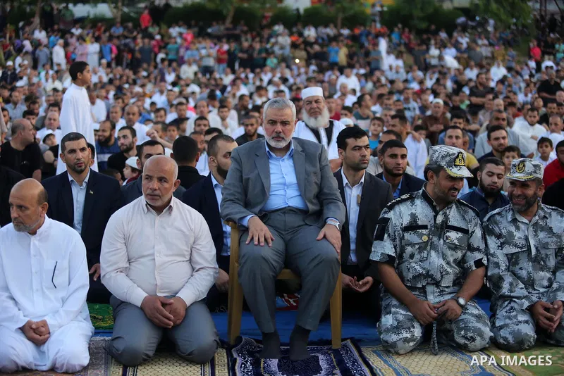 Hamas Chief Ismail Haniyeh attends Eid al-Fitr prayers in Gaza City June 25, 2017. Eid al-Fitr marks the end of Muslim's holy fasting month of Ramadan when faithfuls abstain from eating, drinking, smoking and sexual acti...