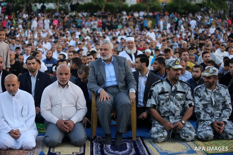 Hamas Chief Ismail Haniyeh attends Eid al-Fitr prayers in Gaza City June 25, 2017. Eid al-Fitr marks the end of Muslim's holy fasting month of Ramadan when faithfuls abstain from eating, drinking, smoking and sexual acti...