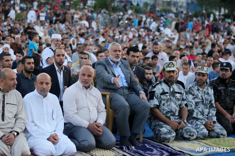 Hamas Chief Ismail Haniyeh attends Eid al-Fitr prayers in Gaza City June 25, 2017. Eid al-Fitr marks the end of Muslim's holy fasting month of Ramadan when faithfuls abstain from eating, drinking, smoking and sexual acti...
