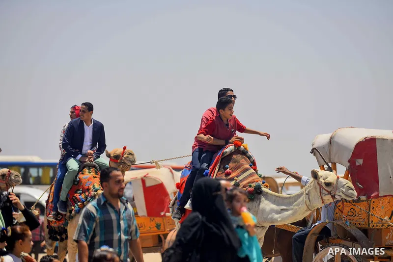Egyptians ride horse carts in front of the Giza pyramids, on the third day of Eid al-Fitr holiday which marks the end of the Muslim holy month of Ramadan, in Cairo June 27, 2017. Photo by Amr Sayed