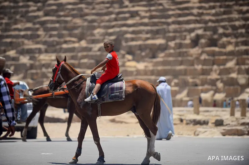 An Egyptian boy rides horse in front of the Giza pyramids, on the third day of Eid al-Fitr holiday which marks the end of the Muslim holy month of Ramadan, in Cairo June 27, 2017. Photo by Amr Sayed