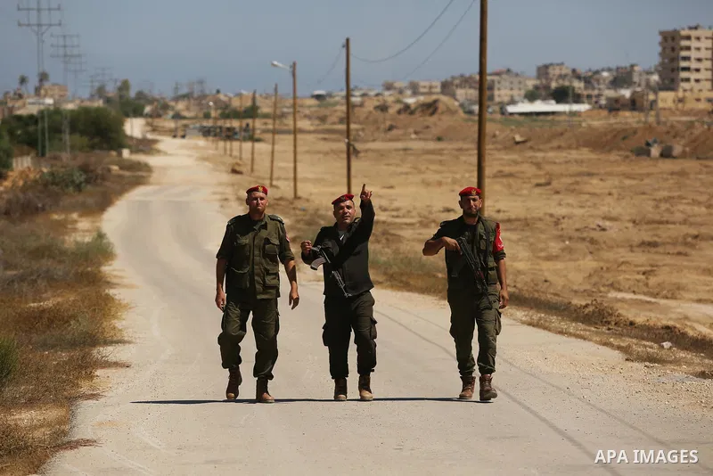 Members of Palestinian security forces patrol a section of the border with Egypt, in the southern Gaza strip town of Rafah, on June 29, 2017. The buffer zone is expected to extend for a length of 12 kilometres and at a w...