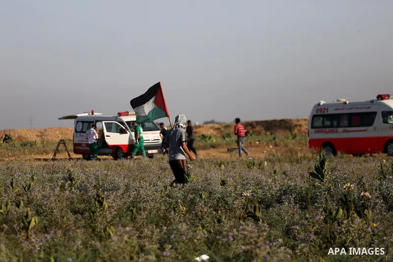 A Palestinian protester holds a national flag during clashes with Israeli security forces near the border fence east of Gaza City, on July 02, 2017. Photo by Mohammed Asad
