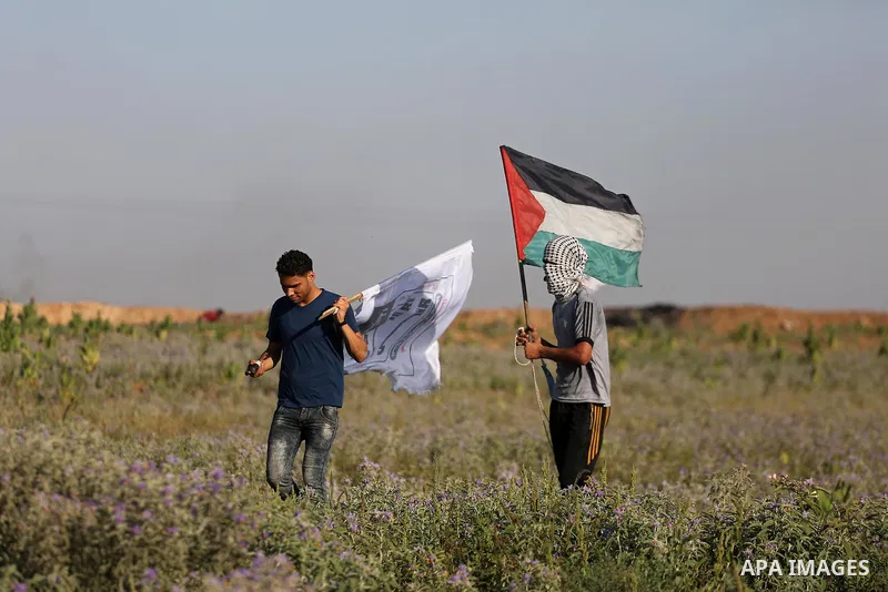 Palestinian protesters hold national flags during clashes with Israeli security forces near the border fence east of Gaza City, on July 02, 2017. Photo by Mohammed Asad