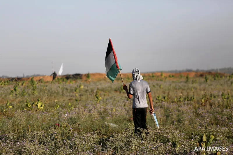 A Palestinian protester holds a national flag during clashes with Israeli security forces near the border fence east of Gaza City, on July 02, 2017. Photo by Mohammed Asad